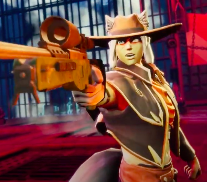 a wolf woman in cowboy attire yelling and holding up a gun