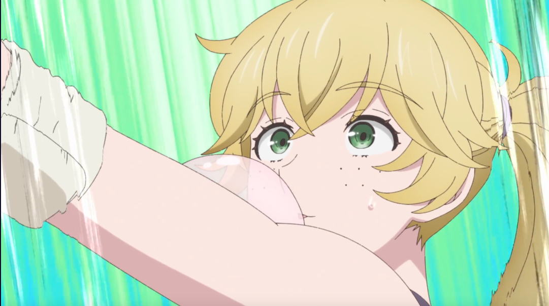 A blonde-haired, green-eyed anime girl blowing bubblegum.