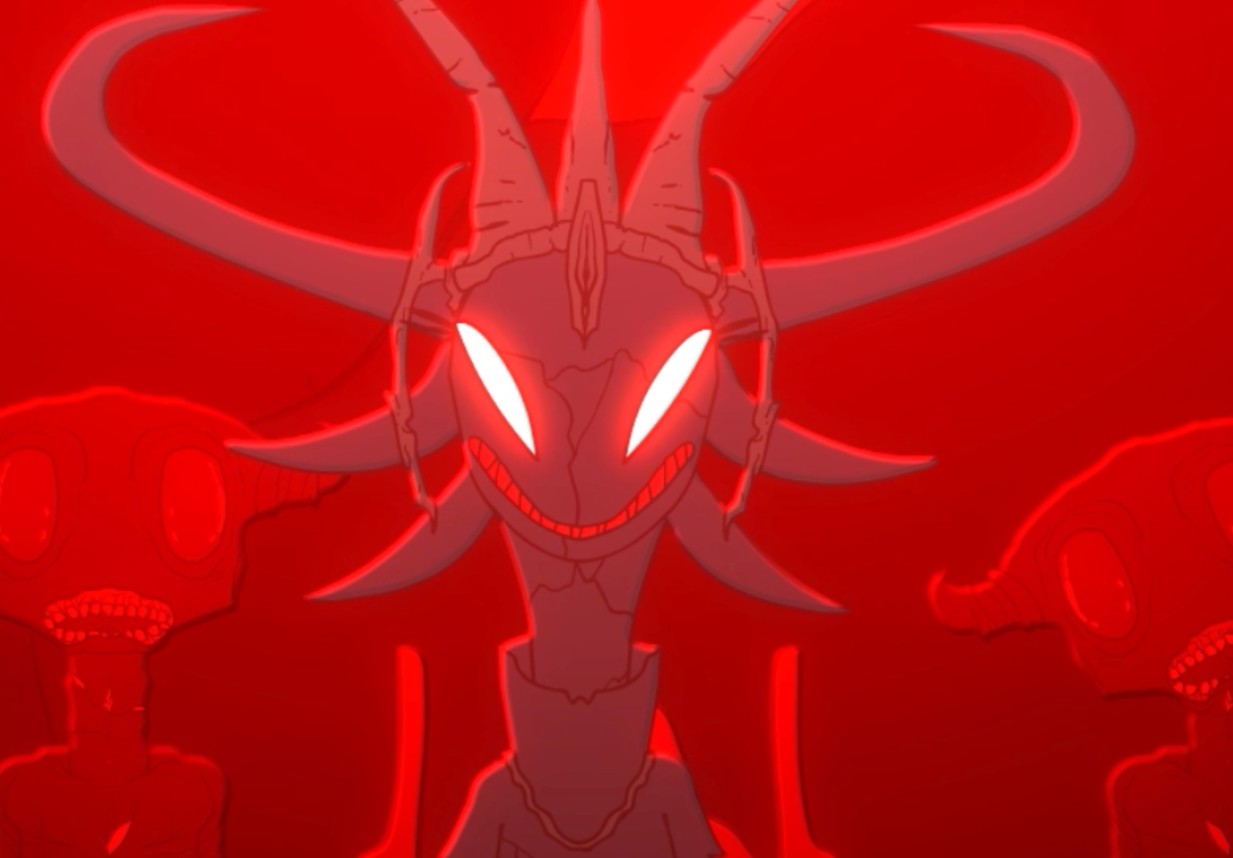 A menacing demon with glowing eyes and a tentacled head in a red light.