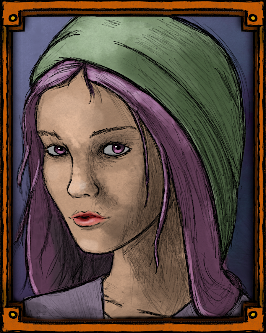 A drawing of a woman with purple hair and green kerchief.