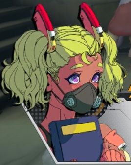 A cyborg anime girl with green pigtails and purple eyes wearing a respirator mask.